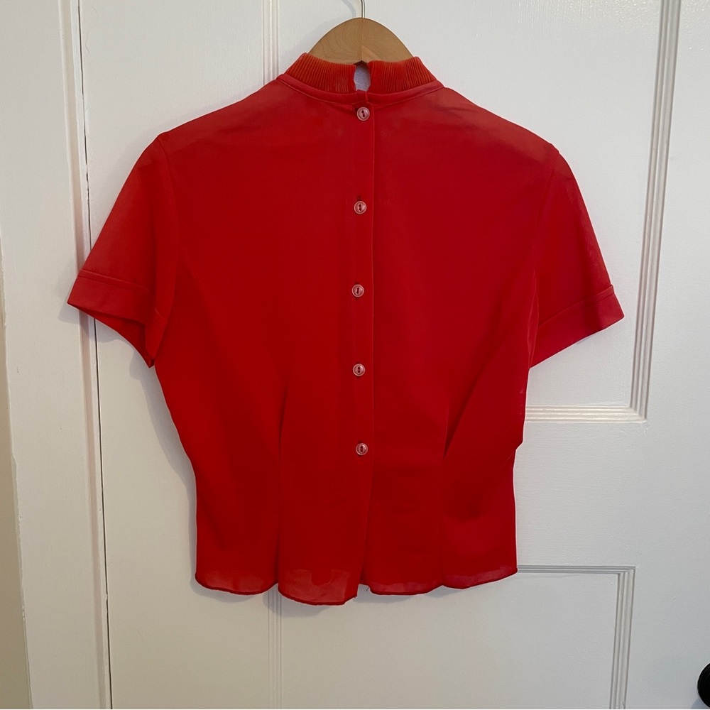 Vintage 1950s Red Pleated Blouse Pearl Collar Finland Short Sleeve Top S - Picture 12 of 12